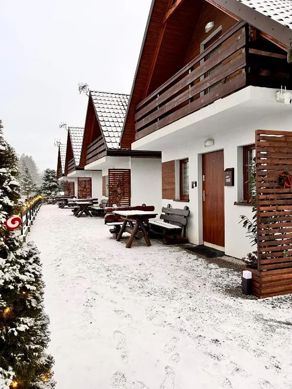 Zimowa alejka wśród ośnieżonych domków